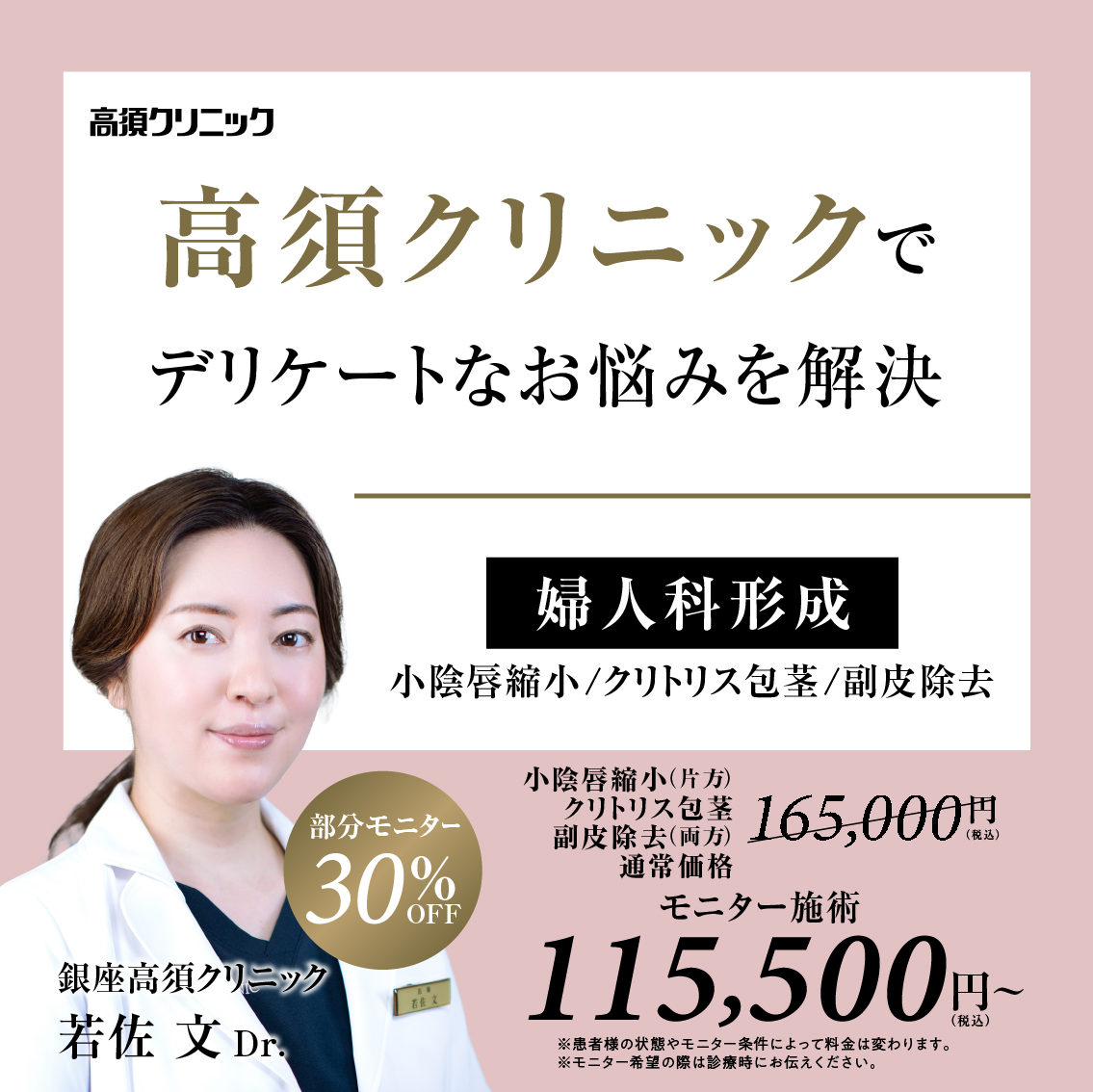 銀座高須クリニックDr.若佐 文 モニター募集／婦人科形成３種／部分モニター30%OFF